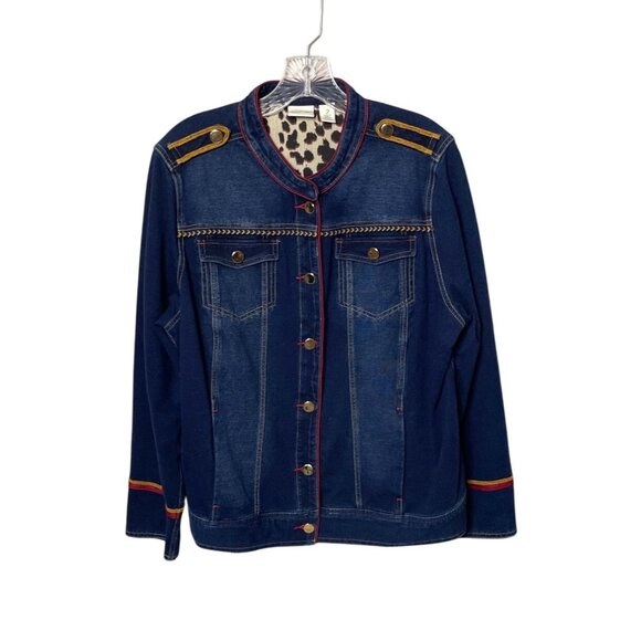 Chico's Zenergy Denim Military Jacket Size 2 = L Stretch Soft Jean Embroidered - Picture 1 of 7